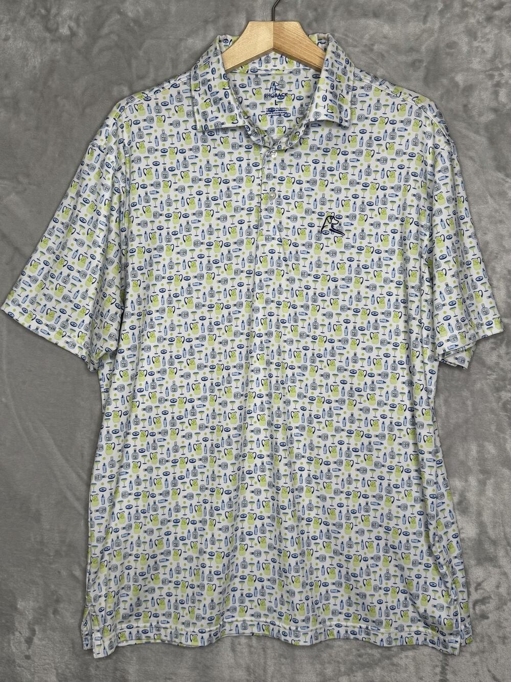 Rhoback Polo Shirt Mens Large White Margarita Golf Print Stretch Cocktail